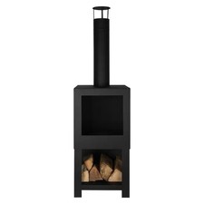 Square Black Terrace Patio Heater with Wood Store Firepit Black Steel Chimnea
