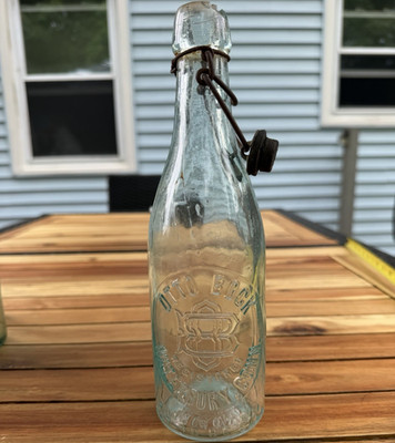 Antique Aqua Glass Blob Top Otto Bock Waterbury CT early 1900 s Bottle Chipped