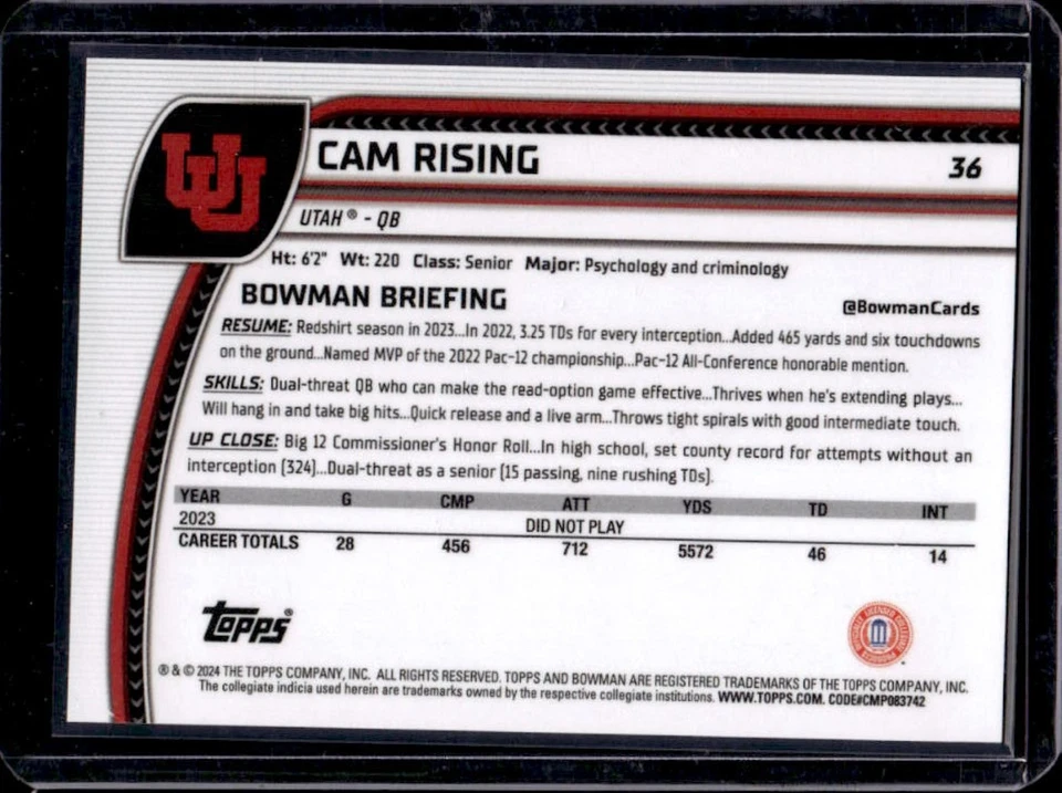 2024 Bowman Chrome U Cam Rising Purple Refractor #352/399 Utes - Image 2 of 2
