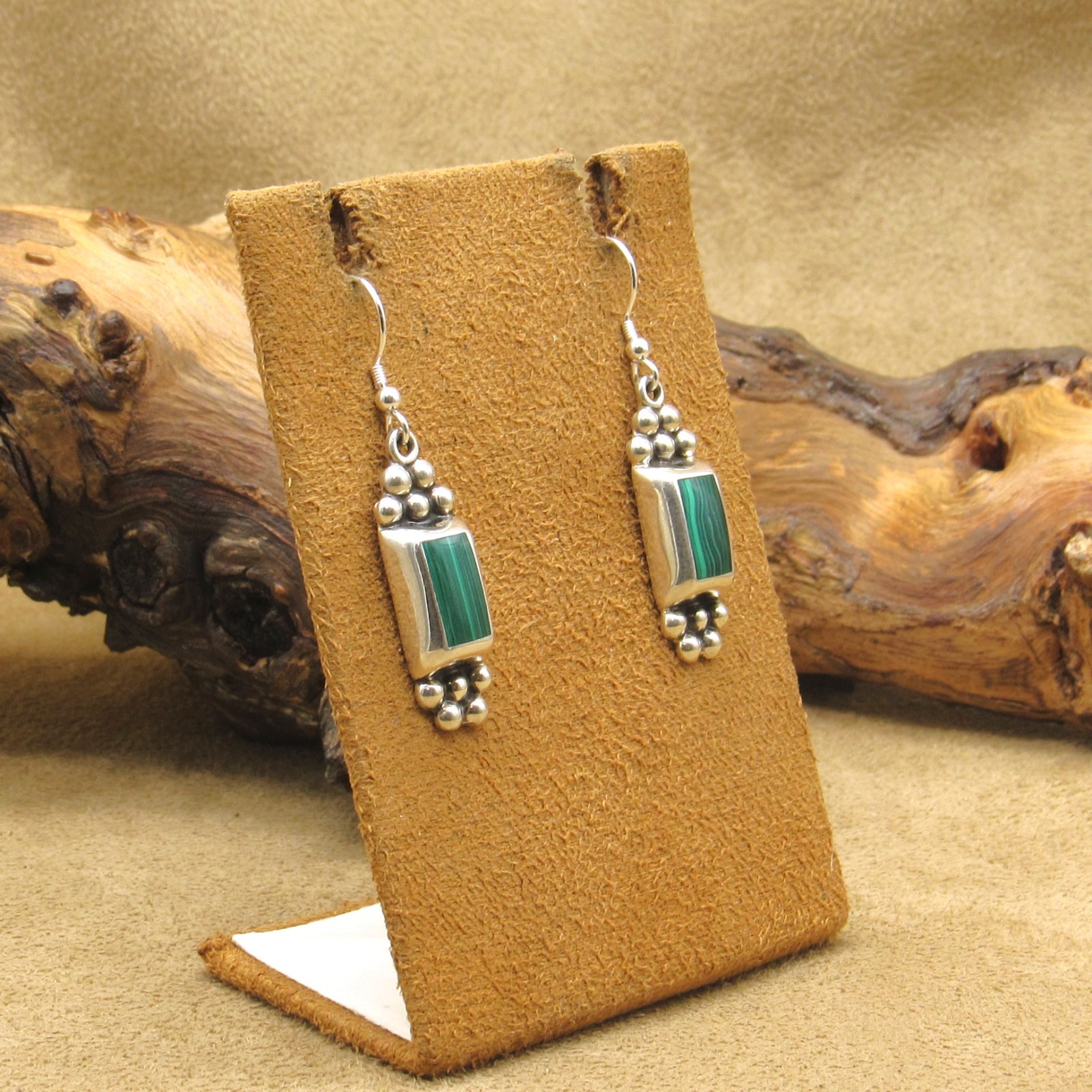 Sterling Silver Block Malachite Dangle Earrings - image 3
