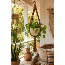 Vintage 60s 70s Macrame Plant Hanger Brown Wood Beads