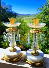 Candle Holders Hollywood Regency Brass Cast Crystal Prisms Italian Marble Base