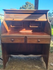 Wood Roll Top Desk Brown Medium Wood Tone 2 Drawer Freestanding Home Office