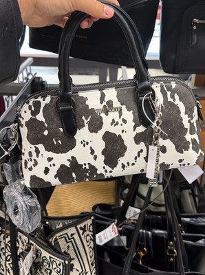 Steve Madden Animal Print Satchel Handbag Black White Zipper Bag Charm Women