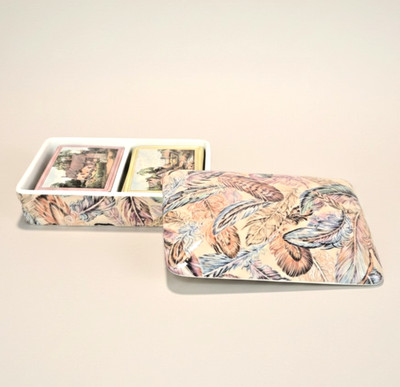 Neiman Marcus Porcelain Playing Card Box Feather Elegant Double Deck Holder VTG