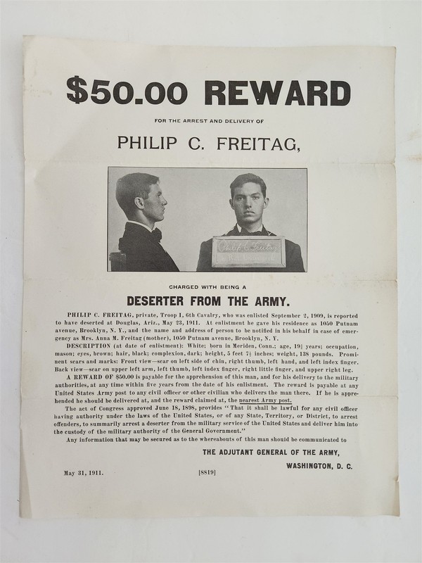 1911 antique CRIMINAL WANTED POSTER MUGSHOT wash dc FREITAG army deserter