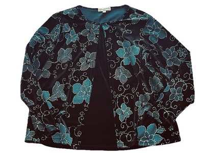 Notations Woman Ladies Size 1X 1990s Black Blue Floral Sparkle Twinset Pullover