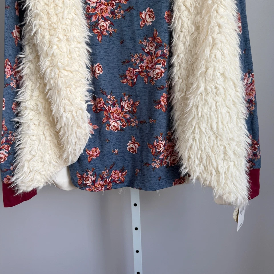 Autoestima 1X Colete de Pele Sintética Estampa Floral Manga Longa Top Azul Borgonha NOVO - Imagem 3 de 4