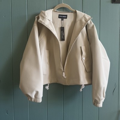 Steve Madden Faux Leather Hooded Lumi Jacket In Bone Color. XS