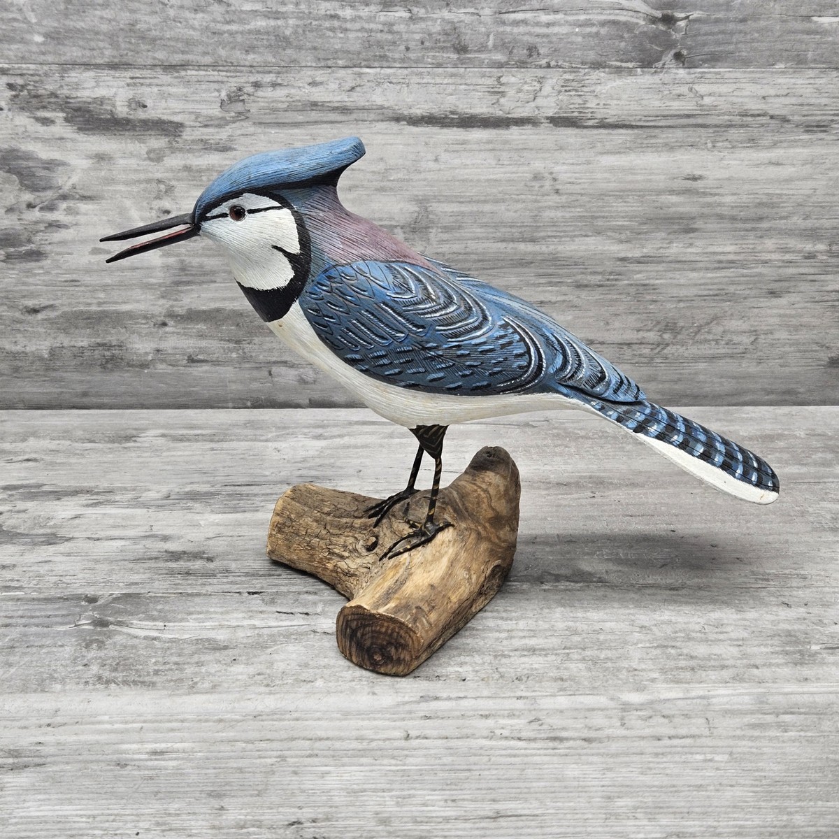 Vintage Carved & Signed Wooden Blue Jay Bird On Driftwood - 7