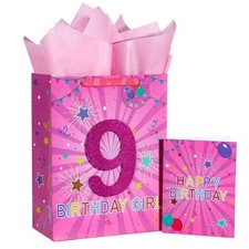 Birthday Pink Gift Bag with Tissue Paper, Gift Tag and Greeting Card for 9th ...