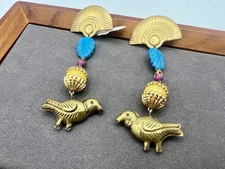 Vintage Saks Fifth Ave Gold Dangle Clip On Earrings Birds Gemstones 1980s NOS