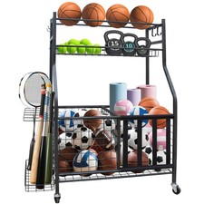 Large Ball Storage Rack with Wheels Indoor Outdoor Sports Equipment Organizer