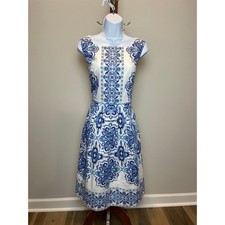 Talbots White Blue Boho Fit & Flare Dress Pockets Fully Lined Cotton Size 10