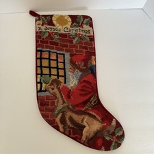 Needlepoint Stocking Santa Reindeer A Joyous Christmas Possibly Wool