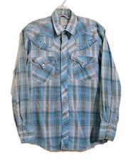 H Bar C California Ranchwear Western Teal Plaid Pearl Snap Shirt 38" Bust  28"L