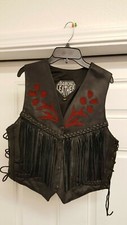 Fringed Black Leather Motorcycle Vest Women Sz M Red Suede Inset Diamond Leather