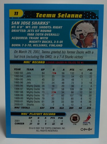 2001-02 OPC O-PEE-CHEE HOCKEY HERITAGE PARALLEL INSERT - #11 TEEMU SELANNE HOF - Picture 2 of 2