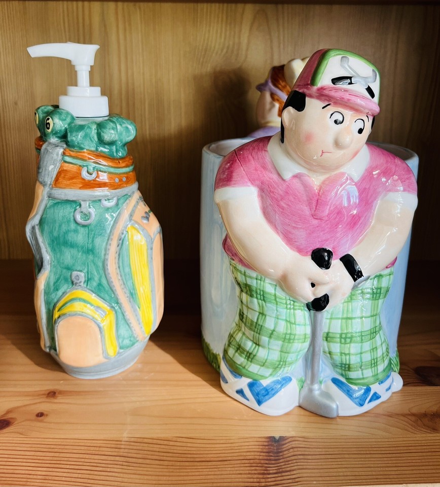 A vintage kitsch golf-themed soap dispenser AND planter in one absurd, conversation-starting combo — pure mid-century bathroom humor.