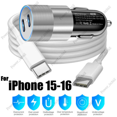 For iPhone 16 15 Pro Samsung 40W Car Fast Charger Dual Type C PD Adapter Cable