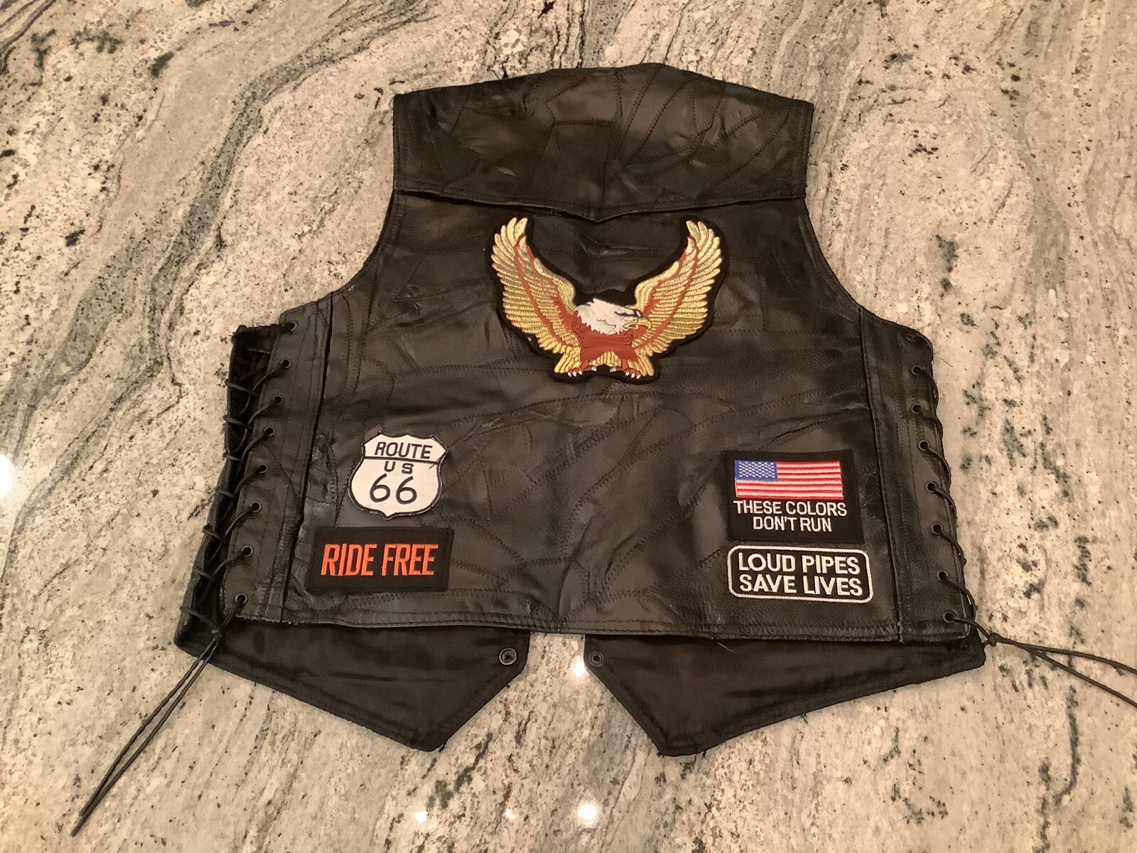 Black Leather Patchwork Biker Motorcycle Vest 8 P… - image 1