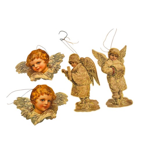 4 Vintage 1983 Christmas Tree Ornaments Die Cut Paper Angels Double Sided Gold