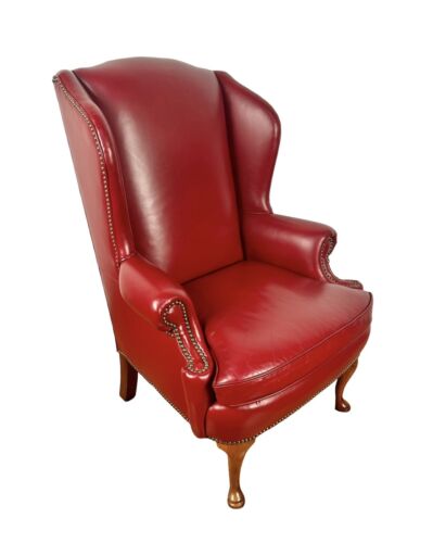Leather Scroll Arm Wingback Lounge Chair w/ Nailheads By Classic