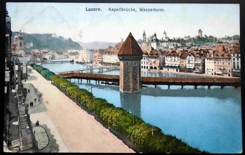 1907-15 Chapel Bridge Kapellbrucke Water Tower (Wasserturm) Luzern, Switzerland