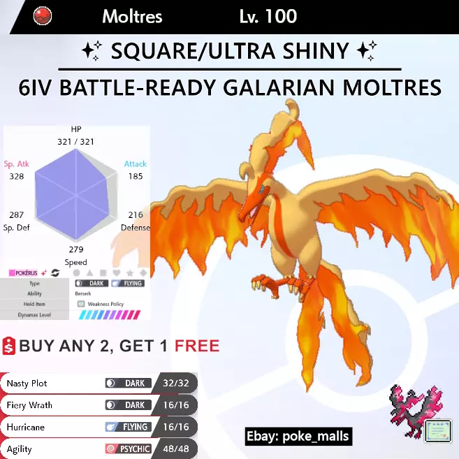 Galarian Moltres Shiny 6IVs Galar Event - Pokemon Sword & Shield