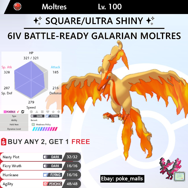 Pokemon Sword and Shield 6IV Shiny Moltres Hidden Ability