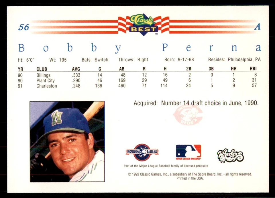 1992 Classic Best Bobby Perna Baseball Cards #56 - Image 2 of 2