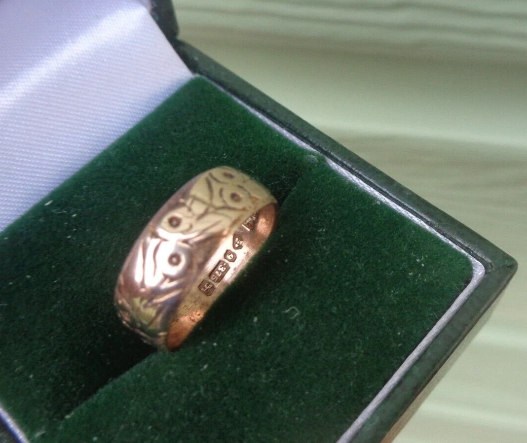 Anillo Banda Boda Oro Rosa 9ct Floral Antiguo 1911 Chester Talla J-K