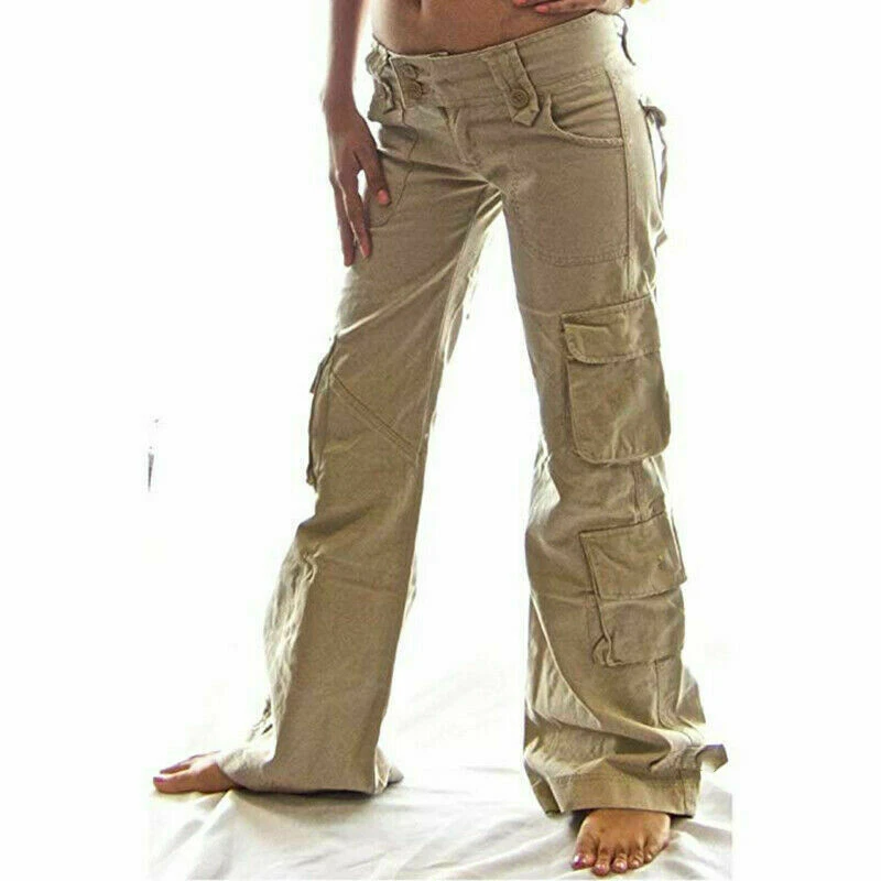 Calça longa solta feminina punk bolso geral perna larga casual Dungarees - Imagem 2 de 4