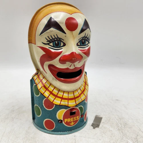 Vintage 1930s J.Chein Circus Clown Tin Litho Toy Bank w/ Key & Bottom Lock - USA