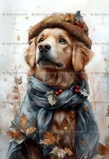 GOLDEN RETRIEVER AUTUMN ART PRINT, Fall Leaves Dog Poster, Puppy Home Decor E174