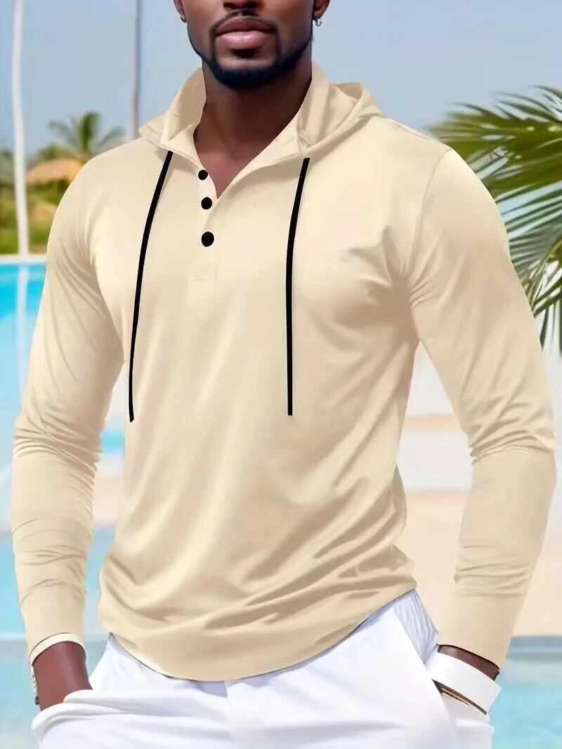 Long Sleeve Solid Color Hooded Sports shirt with Drawstring and Button Reduce