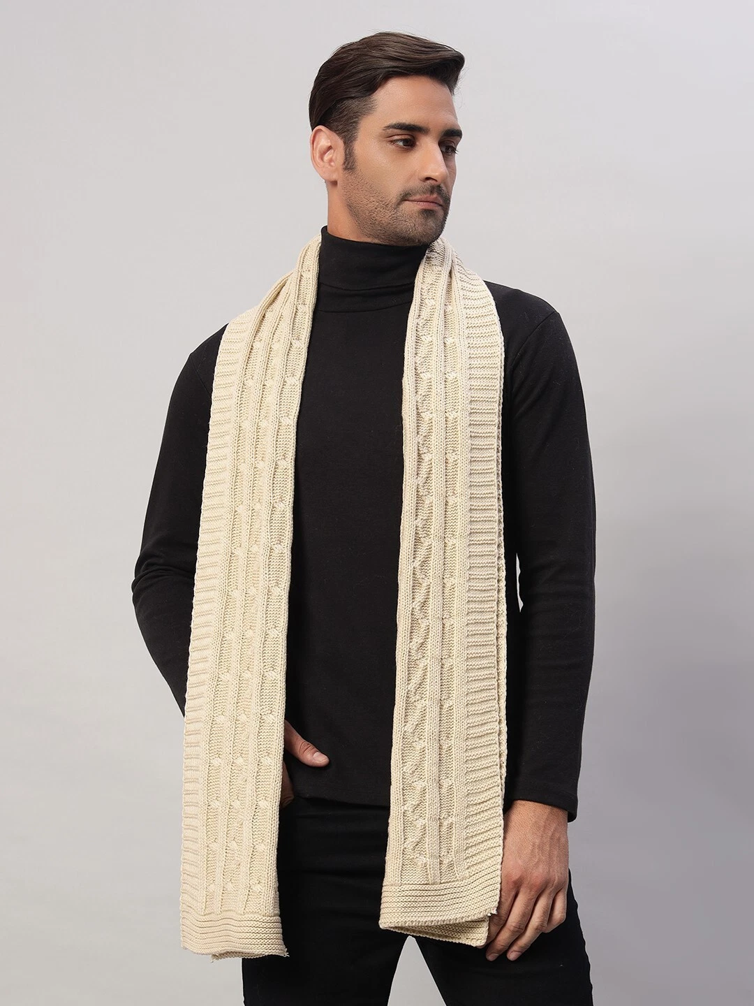 Mens Winter Warm Hand Knitted CASHMERE Scarf Scarves Solid Beige Wool scarves