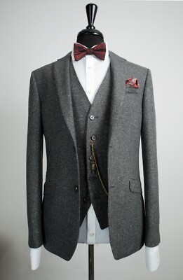 Herren 3 Teiler Anzug Grau Tweed Slim Fit Tom Percy 38R W32 L31