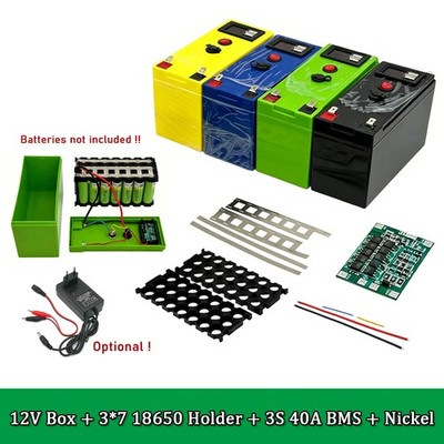 12V 3S7P Li-ion Battery Pack DIY Kits Box +Holder +40A BMS +Nickel w/2A Charger