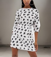 ASOS Splodge Black And White Geometric Print 3/4 Sleeve Dress US 14