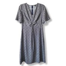 Ann Taylor Navy Blue White Print Midi Dress 8P Twist Waist Retro Twee Career NEW