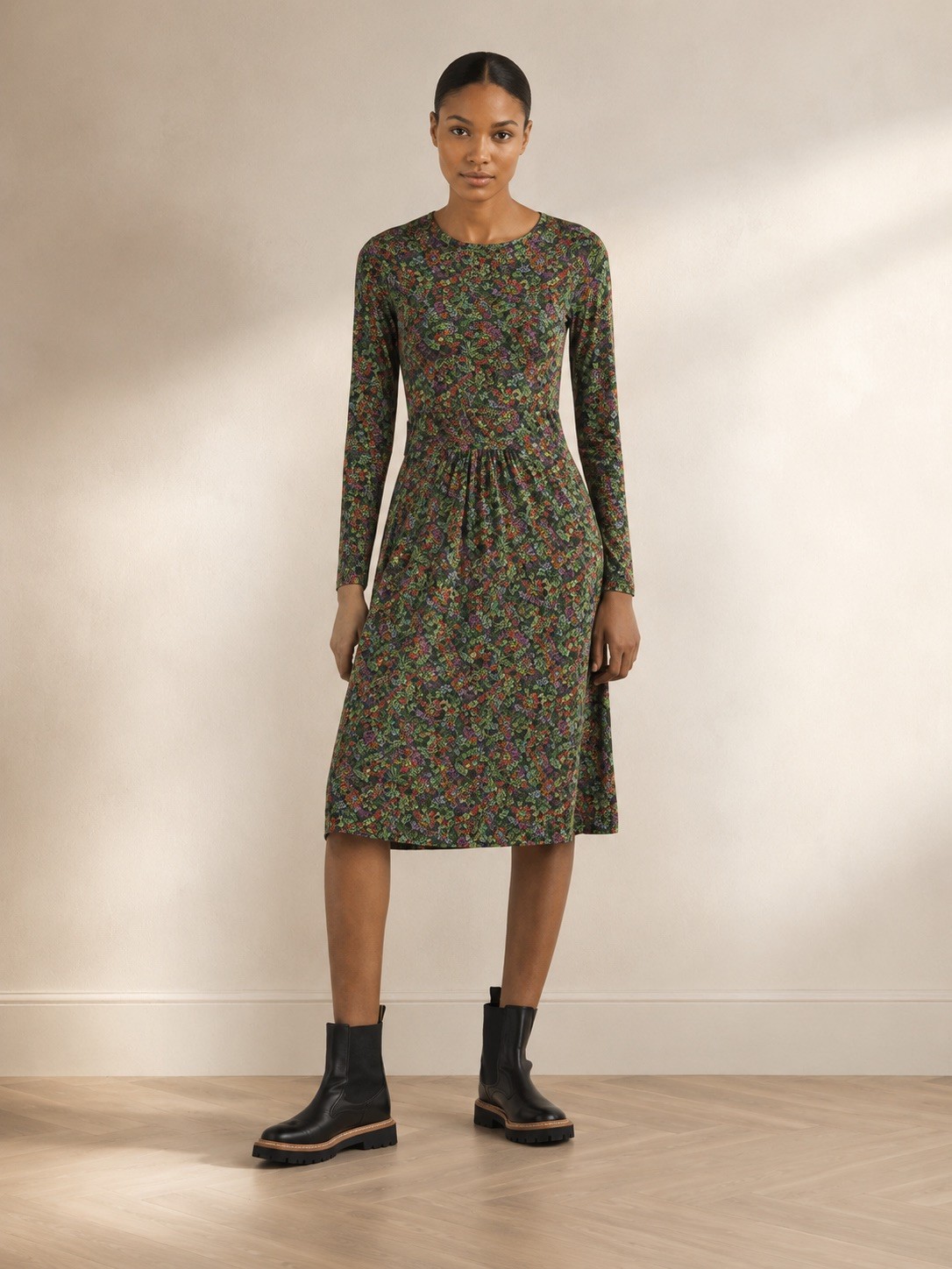Boden Abigail Long Sleeve Crew Neck Jersey Dress Green Pink Floral Midi Size 8