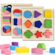 Wooden Montessori Geometric Shapes Puzzle Sorting Math Blocks Kids Preschool Edu