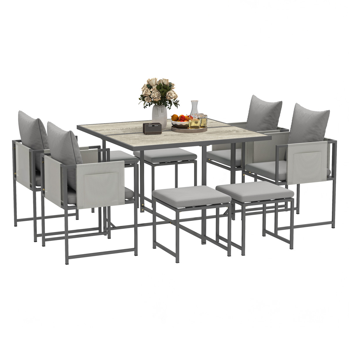 8 Seater Rattan Garden Dining Set Cube Patio Furniture Cushioned Grey