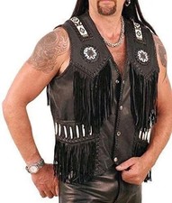 Western Cowhide Leather Vest Men Native American Beads  Fringe Cowboy Waistcoat