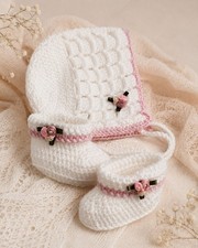 Handmade Crochet baby Set Bonnet , Booties Headband Baby Shower Newborn Gift