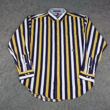 VTG Tommy Hilfiger Shirt Mens Large Yellow Navy Vertical Stripe Crest Sailing