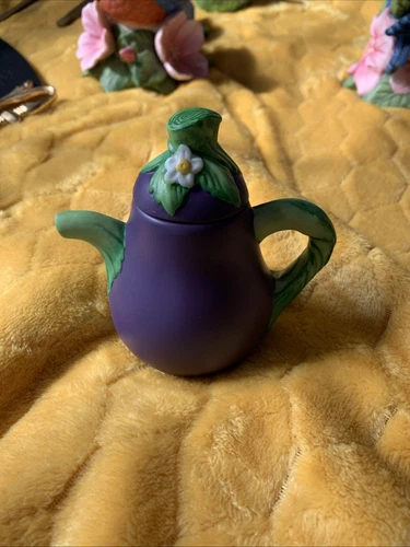 Avon Tea Pot Vintage Mini Ceramic  1996 Eggplant Tiny Seasons Harvest