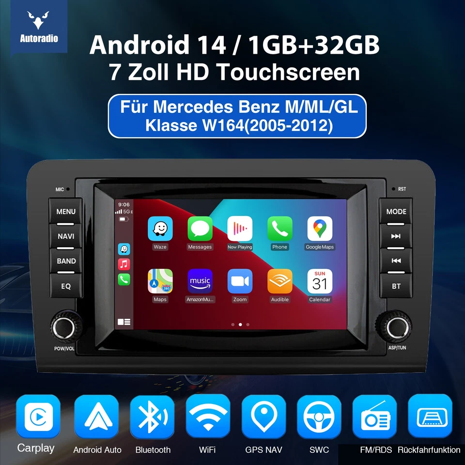 Für Mercedes-Benz M-Klasse W164 Carplay Android 14 Autoradio GPS NAVI DAB+ 1+32G - Bild 2 von 4