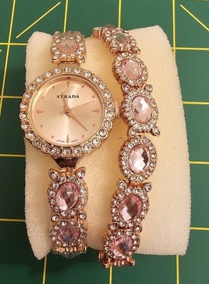 STRADA Watch And Bracelet Rose Gold Colored crystal Rhinestone (P2)
